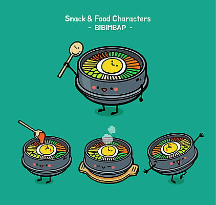캐릭터 음식 일러스트 사람없음 귀여움 숟가락 음식캐릭터 비빔밥 돌솥 돌솥비빔밥 일러캐릭터 AI파일 한식 컨셉 수저 파일형식 벡터