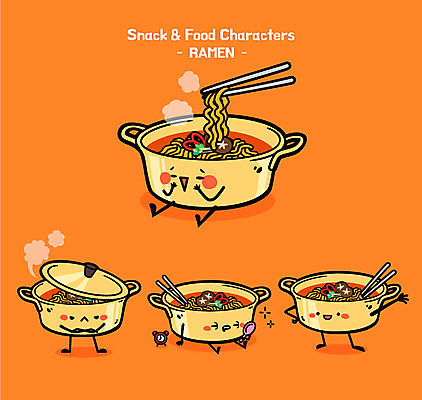 캐릭터 음식 일러스트 젓가락 사람없음 귀여움 자명종 라면 뜨거움 분식 음식캐릭터 양은냄비 일러캐릭터 AI파일 시계 컨셉 수저 알람 면류 냄비 파일형식 벡터