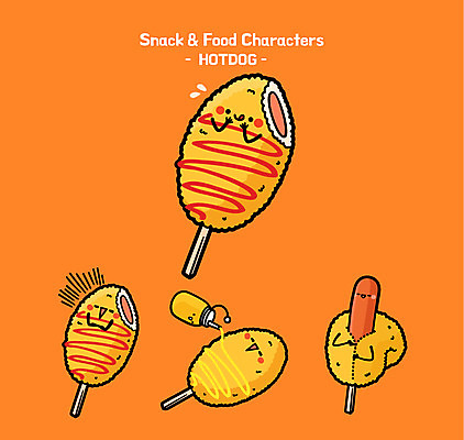 캐릭터 음식 빵 일러스트 사람없음 귀여움 소시지 머스터드 음식캐릭터 핫도그 일러캐릭터 AI파일 컨셉 패스트푸드 소스_음식 가공식품 파일형식 벡터