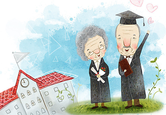 PSD 여자 교육 노년 남자 문화 여유 꽃다발 일러스트 학사모 졸업 학교 사람 성인 두명 일상 생활 실버라이프 가운 졸업가운 졸업장 복지 즐거움 노인만 성인만 국내일러스트 모자_잡화 라이프스타일 옷 꽃 감정 라이프 사회이슈 파일형식