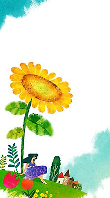 PSD 식물 여자 꽃 백그라운드 일러스트 상상 나뭇잎 해바라기 주택 한명 사람 성인 판타지 순수 여자만 여자한명만 성인여자만 성인만 국내일러스트 1 컨셉 잎 건물 파일형식