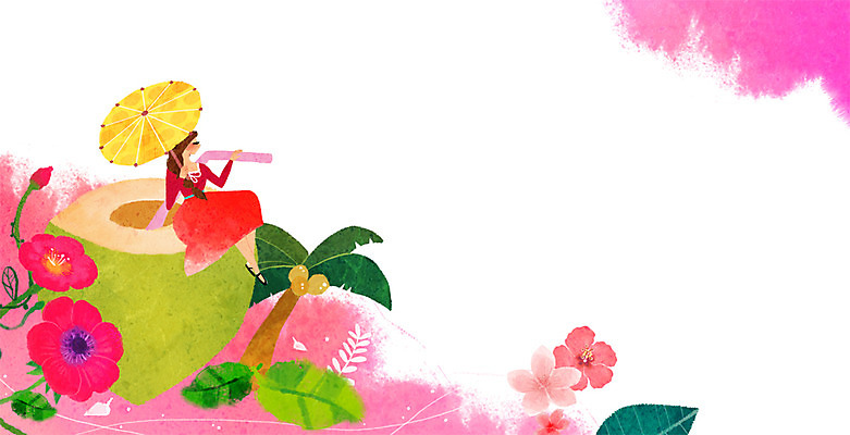 PSD 식물 여자 열매 꽃 백그라운드 일러스트 우산 상상 나뭇잎 빨대 한명 사람 성인 판타지 야자수 순수 야자열매 여자만 여자한명만 성인여자만 성인만 국내일러스트 나무 1 컨셉 잎 파일형식