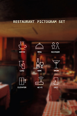 아이콘 접시 커피 와인잔 출입구 사람모양 사람없음 세트 픽토그램 레스토랑 와인 신용카드 엘리베이터 메뉴 화장실 와이파이 카드결제 2D아이콘 AI파일 모양 식기 음료 술잔 주류 금융 식당 무선인터넷 결제 파일형식 벡터