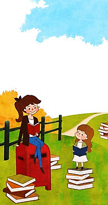 PSD 나무 식물 계절 여자 어린이 백그라운드 일러스트 사람 소녀 성인 두명 책 울타리 독서 우체통 가을 여자만 가을배경 국내일러스트 담장 파일형식 가을_계절