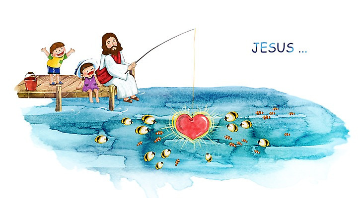 PSD 여자 남자 기독교 종교 호수 어린이 캘리배경 일러스트 낚시 수채화 어류 사람 성인 세명 바구니 믿음 희망 예수 낚싯대 국내일러스트 감정 백그라운드 레저 수중동물 신_종교 낚시용품 파일형식