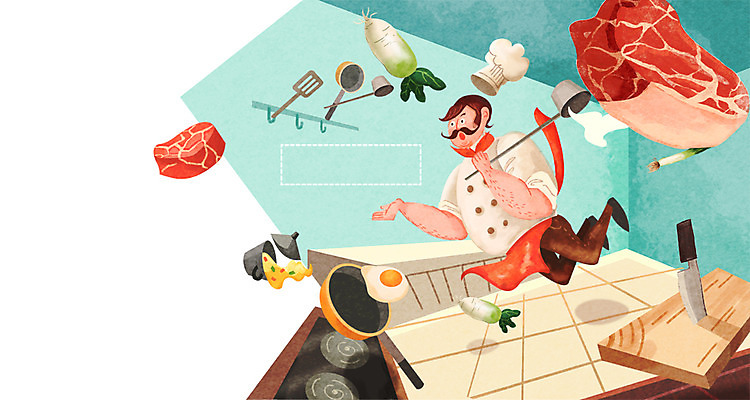PSD 남자 일러스트 상상 도마 육류 한명 사람 성인 판타지 주방 요리사 프라이팬 칼 무 무중력 특별함 남자만 남자한명만 성인남자만 성인만 국내일러스트 직업 1 컨셉 식재료 주방용품 뿌리채소 파일형식