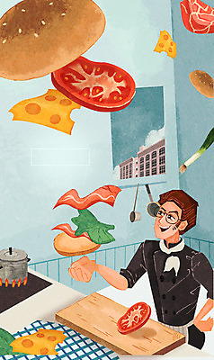 PSD 남자 빵 토마토 일러스트 재료 상상 치즈 육류 요리 한명 사람 성인 판타지 주방 요리사 햄버거 파 무중력 특별함 남자만 남자한명만 성인남자만 성인만 국내일러스트 직업 1 음식 컨셉 채소 식재료 유제품 패스트푸드 파일형식