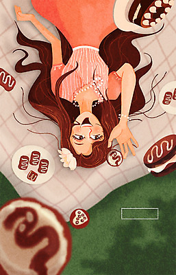 PSD 그릇 여자 일러스트 상상 발렌타인데이 한명 사람 이벤트 성인 판타지 초콜릿 돗자리 무중력 특별함 여자만 여자한명만 성인여자만 성인만 국내일러스트 1 식기 컨셉 데이이벤트 디저트 파일형식