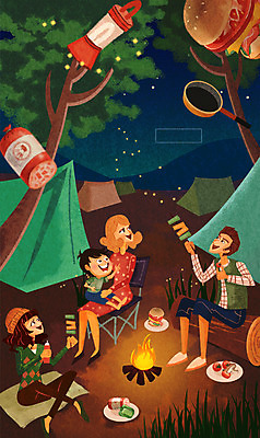 PSD 나무 여자 남자 어린이 음식 일러스트 가족 상상 텐트 사람 여러명 성인 야외 판타지 캠핑 야간 모닥불 무중력 반딧불이 특별함 국내일러스트 자연요소 식물 다수 곤충 컨셉 관계 불 레저 캠핑도구 파일형식