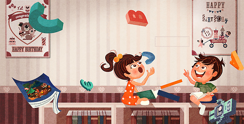 PSD 기호 알파벳 여자 교육 남자 포스터 어린이 일러스트 상상 책장 사람 두명 책 판타지 놀이방 무중력 특별함 어린이만 국내일러스트 문자 영어 가구 컨셉 파일형식