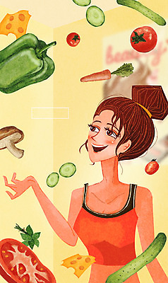 PSD 웰빙 여자 다이어트 토마토 채소 일러스트 상상 피망 오이 한명 사람 성인 판타지 버섯 당근 탱크톱 무중력 특별함 여자만 여자한명만 성인여자만 성인만 국내일러스트 1 컨셉 상의 뿌리채소 건강 파일형식