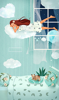 PSD 구름 여자 쿠션 일러스트 창문 베개 상상 실내 한명 사람 성인 판타지 침실 이불 달 침대 잠 수면 강아지 무중력 특별함 여자만 여자한명만 성인여자만 성인만 국내일러스트 자연요소 1 가구 컨셉 침구 내부 물 반려동물 개 파일형식