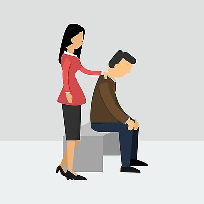 EPS 해외이미지 전신 여자 남자 의자 일러스트 서기 앉기 성인 두명 회색 비즈니스맨 비즈니스우먼 위로 우울증 얼굴없음 성인만 어깨에손 해외202004 해외일러스트 컬러 가구 비즈니스 모션 사람 직장인 질병 파일형식 벡터 이미지허브