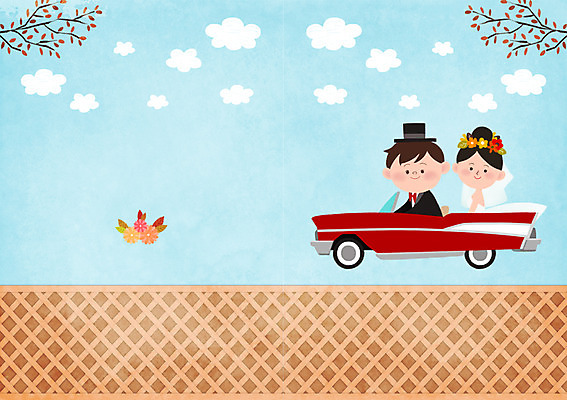 PSD 구름 부부 여자 남자 행복 웨딩드레스 결혼 일러스트 함께함 사랑 사람 정장 턱시도 성인 두명 로맨틱 가을 나뭇가지 오픈카 청첩장 웨딩마치 성인만 국내일러스트 자연요소 나무 커플 드레스 옷 계절 감정 컨셉 승용차 카드_감사 이벤트 파일형식