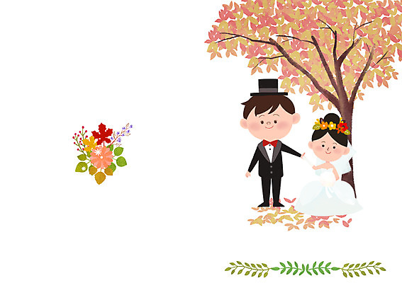 PSD 나무 부부 여자 남자 행복 부케 웨딩드레스 결혼 낙엽 일러스트 함께함 사랑 사람 정장 턱시도 성인 두명 손잡기 로맨틱 가을 청첩장 웨딩마치 성인만 국내일러스트 식물 커플 드레스 옷 계절 감정 꽃다발 컨셉 잎 모션 카드_감사 이벤트 파일형식