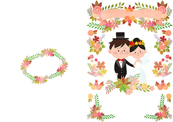 PSD 부부 여자 남자 꽃 행복 부케 웨딩드레스 결혼 낙엽 잎 일러스트 함께함 사랑 사람 정장 턱시도 성인 두명 로맨틱 가을 청첩장 웨딩마치 성인만 국내일러스트 식물 커플 드레스 옷 계절 감정 꽃다발 컨셉 카드_감사 이벤트 파일형식