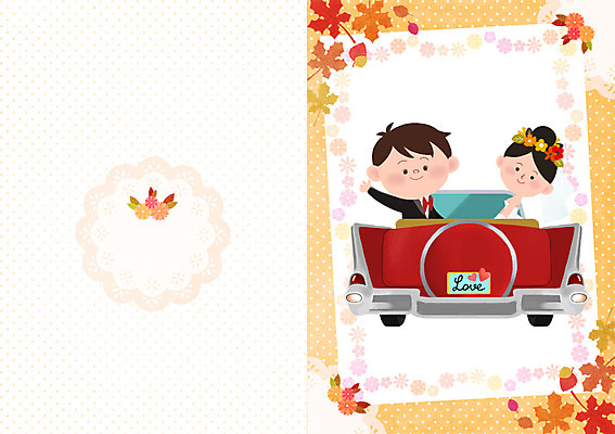 PSD 부부 여자 남자 행복 부케 웨딩드레스 결혼 낙엽 일러스트 함께함 사랑 사람 정장 턱시도 성인 두명 로맨틱 가을 청첩장 웨딩카 웨딩마치 성인만 국내일러스트 커플 드레스 옷 계절 감정 꽃다발 컨셉 잎 자동차 카드_감사 이벤트 파일형식