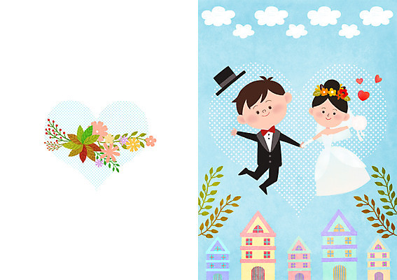 PSD 구름 부부 여자 남자 행복 부케 웨딩드레스 결혼 일러스트 주택 함께함 사랑 사람 정장 턱시도 성인 두명 손잡기 로맨틱 가을 청첩장 웨딩마치 성인만 국내일러스트 자연요소 커플 드레스 옷 계절 감정 꽃다발 컨셉 모션 카드_감사 이벤트 건물 파일형식