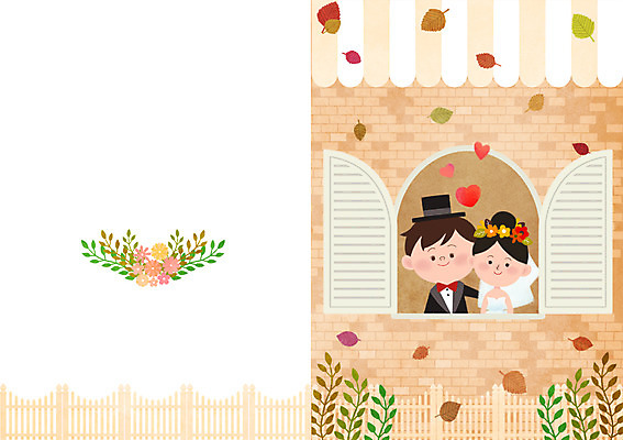 PSD 부부 여자 남자 꽃 행복 부케 웨딩드레스 결혼 낙엽 일러스트 창문 나뭇잎 함께함 사랑 사람 정장 턱시도 성인 두명 로맨틱 가을 청첩장 웨딩마치 성인만 국내일러스트 식물 커플 드레스 옷 계절 감정 꽃다발 컨셉 잎 카드_감사 이벤트 파일형식