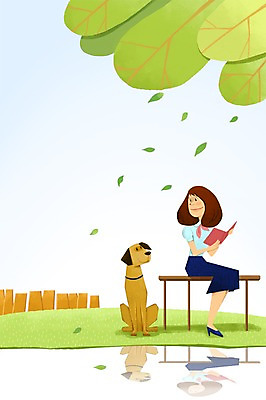 PSD 한마리 여자 벤치 일러스트 함께함 한명 사람 앉기 성인 책 반려동물 독서 다정 강아지 소통 여자만 여자한명만 성인여자만 성인만 국내일러스트 동물 1 컨셉 의자 모션 개 파일형식