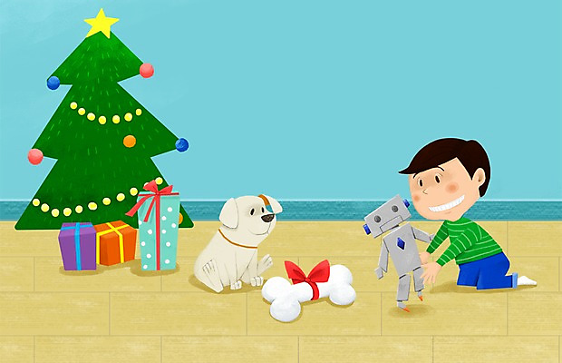 PSD 한마리 남자 어린이 크리스마스 일러스트 함께함 실내 선물 한명 사람 반려동물 장난감 크리스마스트리 다정 강아지 로봇 소통 개뼈다귀 남자만 남자한명만 어린이만 소년만 소년한명만 국내일러스트 동물 1 기념일 컨셉 내부 개 애견간식 파일형식
