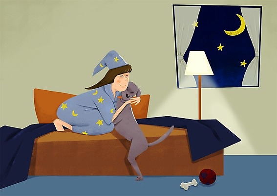 PSD 한마리 여자 별 일러스트 공 창문 안기 포옹 함께함 실내 한명 사람 성인 반려동물 다정 이불 잠옷 달 침대 스탠드 커튼 강아지 소통 개뼈다귀 여자만 여자한명만 성인여자만 성인만 국내일러스트 자연요소 동물 1 옷 가구 컨셉 침구 모션 조명 내부 개 애견간식 파일형식