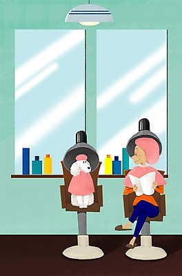 PSD 한마리 여자 일러스트 조명 함께함 실내 한명 사람 앉기 성인 반려동물 다정 거울 강아지 미용실 소통 여자만 여자한명만 성인여자만 성인만 국내일러스트 동물 1 컨셉 모션 내부 개 뷰티샵 파일형식