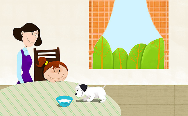 PSD 나무 한마리 여자 딸 어린이 일러스트 창문 탁자 엄마 함께함 실내 사람 성인 반려동물 다정 커튼 강아지 소통 개밥그릇 개사료 여자만 국내일러스트 식물 동물 1 그릇 가구 컨셉 가족 내부 개 먹이 애견용품 파일형식