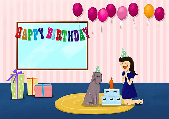 PSD 한마리 여자 어린이 일러스트 함께함 실내 선물 한명 사람 반려동물 다정 고깔모자 생일파티 생일 강아지 풍선 소통 케익칼 여자만 여자한명만 어린이만 소녀만 소녀한명만 국내일러스트 동물 모자_잡화 1 기념일 컨셉 내부 칼 개 파일형식