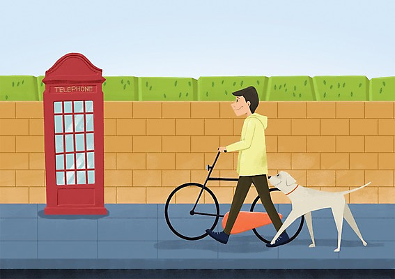 주간 PSD 한마리 남자 일러스트 함께함 한명 사람 성인 야외 담장 반려동물 자전거 다정 산책 강아지 공중전화 소통 남자만 남자한명만 성인남자만 성인만 국내일러스트 자연요소 동물 1 컨셉 휴식 바이크 개 전화기 파일형식