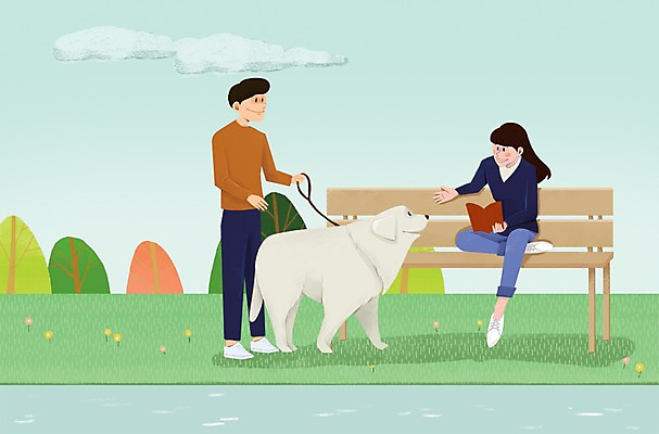 주간 PSD 나무 구름 한마리 공원 여자 남자 벤치 일러스트 함께함 사람 성인 야외 두명 책 반려동물 독서 다정 산책 강아지 소통 성인만 국내일러스트 자연요소 식물 동물 1 공공시설 컨셉 의자 휴식 개 파일형식