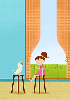 PSD 한마리 여자 어린이 의자 일러스트 창문 함께함 실내 한명 사람 반려동물 다정 커튼 강아지 마주앉기 소통 여자만 여자한명만 어린이만 소녀만 소녀한명만 국내일러스트 동물 1 가구 컨셉 앉기 내부 개 파일형식