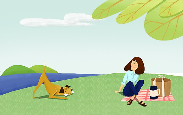 주간 PSD 구름 한마리 여자 가방 일러스트 함께함 한명 사람 앉기 성인 야외 반려동물 소풍 다정 강아지 돗자리 소통 개뼈다귀 여자만 여자한명만 성인여자만 성인만 국내일러스트 자연요소 동물 1 잡화 컨셉 모션 야외활동 개 애견간식 파일형식