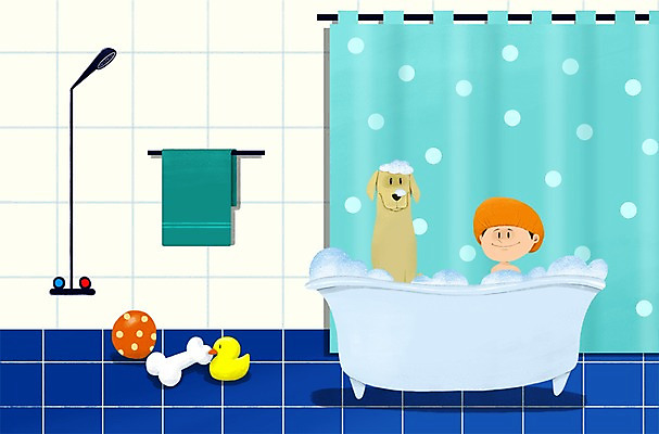 PSD 한마리 남자 어린이 일러스트 공 함께함 욕조 실내 한명 사람 반려동물 수건 다정 목욕 욕실 커튼 강아지 샤워기 버블 소통 개뼈다귀 샤워캡 남자만 남자한명만 어린이만 소년만 소년한명만 국내일러스트 동물 1 컨셉 내부 위생용품 청결 개 애견간식 파일형식