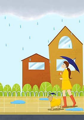 주간 PSD 구름 한마리 여자 일러스트 우산 날씨 주택 함께함 장화 한명 사람 성인 야외 반려동물 다정 산책 비 강아지 우비 소통 여자만 여자한명만 성인여자만 성인만 국내일러스트 자연요소 동물 1 옷 신발 컨셉 휴식 건물 개 파일형식