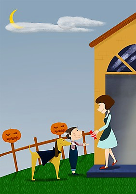 PSD 구름 한마리 여자 남자 일러스트 호박 주택 함께함 사람 두명 울타리 반려동물 분장 다정 할로윈 달 강아지 소통 몬스터 프랑켄슈타인 국내일러스트 자연요소 동물 1 컨셉 채소 건물 담장 개 파일형식