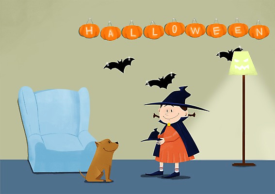 PSD 한마리 여자 어린이 일러스트 함께함 실내 한명 사람 장식 반려동물 소파 다정 할로윈 스탠드 강아지 박쥐 마녀모자 소통 여자만 여자한명만 어린이만 소녀만 소녀한명만 국내일러스트 동물 모자_잡화 1 컨셉 의자 포유류 조명 내부 개 파일형식