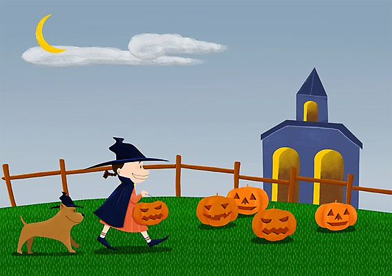 PSD 구름 한마리 여자 어린이 일러스트 호박 함께함 한명 사람 야외 울타리 반려동물 다정 할로윈 달 강아지 야간 마녀모자 소통 여자만 여자한명만 어린이만 소녀만 소녀한명만 국내일러스트 자연요소 동물 모자_잡화 1 컨셉 채소 담장 개 파일형식