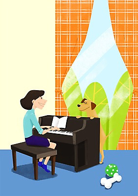 PSD 한마리 여자 악기 연주 일러스트 공 창문 함께함 실내 한명 사람 앉기 성인 반려동물 다정 커튼 건반 피아노 강아지 소통 개뼈다귀 여자만 여자한명만 성인여자만 성인만 국내일러스트 동물 1 음악 컨셉 모션 내부 건반악기 개 애견간식 파일형식