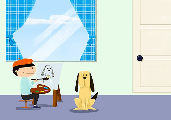 PSD 한마리 남자 어린이 일러스트 창문 함께함 실내 한명 사람 반려동물 문 다정 붓 커튼 그리기 팔레트 강아지 이젤 소통 남자만 남자한명만 어린이만 소년만 소년한명만 국내일러스트 동물 1 컨셉 모션 내부 미술도구 개 파일형식