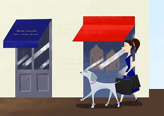 주간 PSD 한마리 여자 일러스트 창문 함께함 한명 사람 성인 야외 반려동물 쇼핑 쇼핑백 문 상점 다정 강아지 소통 여자만 여자한명만 성인여자만 성인만 국내일러스트 자연요소 동물 1 컨셉 가방 개 파일형식