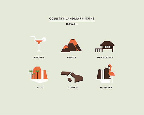 아이콘 섬 산 사람없음 세트 칵테일 오두막 플라밍고 하와이 랜드마크 와이키키 카우아이섬 2D아이콘 AI파일 조류 주류 해변 미국 파일형식 벡터