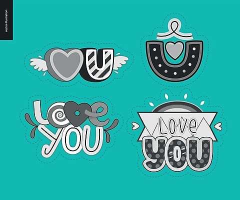 EPS 해외이미지 스티커 일러스트 사랑 타이포그라피 사람없음 세트 청록색 해외202004 해외일러스트 문자 감정 컬러 파일형식 벡터 이미지허브