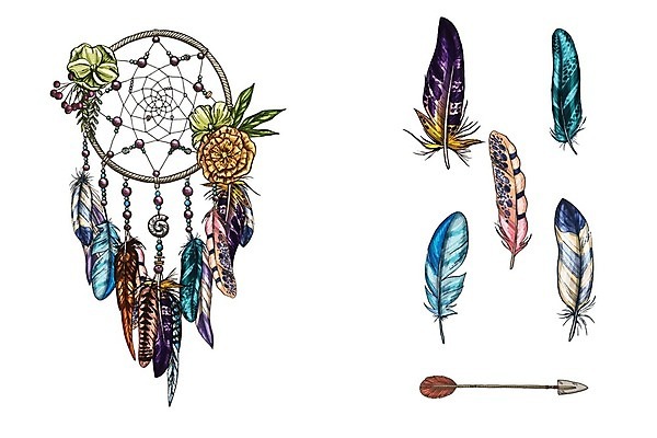 EPS 해외이미지 전통 꽃 일러스트 화살 사람없음 장식 컬러풀 꿈 깃털 부적 드림캐쳐 해외202004 해외일러스트 식물 컬러 파일형식 벡터 이미지허브