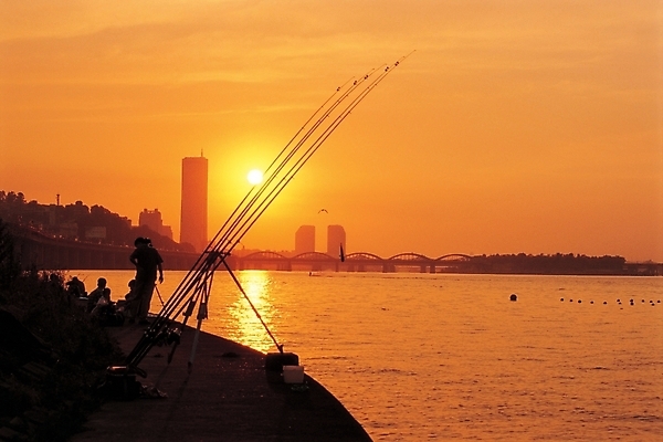 포토 JPG 웰빙 하늘 서울 한국 어업 사람 풍경 성인 취미 야외 가로 강 일출 노을 일몰 강가 어부 한강 낚시꾼 63빌딩 성인만 국내포토 자연요소 직업 산업 아시아 빌딩 랜드마크 파일형식