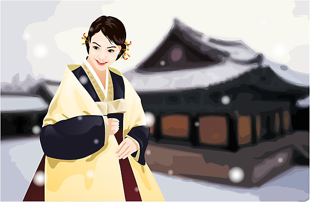 EPS 주간 한국전통 전통 계절 여자 명절 겨울 일러스트 새해 기와집 한명 사람 20대 성인 야외 설날 눈 전통의상 한복 연하장 여자만 여자한명만 성인여자만 청년만 청년여자만 성인한명만 청년여자한명만 성인여자한명만 성인만 국내일러스트 자연요소 1 기념일 날씨 카드_감사 한옥 한국 청년 파일형식 벡터