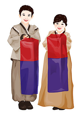 EPS 한국전통 전통 사계절 계절 여자 명절 남자 어린이 포즈 겨울 일러스트 가족 새해 남매 사람 두명 친구 설날 전통의상 한복 청사초롱 어린이만 국내일러스트 기념일 관계 한국 초롱 파일형식 벡터