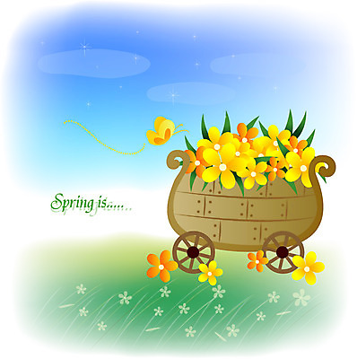 EPS 사계절 계절 여자 꽃 육상교통 나비 꽃밭 일러스트 자연 하늘 사람 풍경 사람없음 야외 봄 로맨틱 마차 꽃마차 여자만 국내일러스트 식물 교통수단 곤충 컨셉 생태계 파일형식 벡터