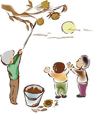 EPS 클립아트 사계절 계절 남자 어린이 일러스트 자연 사람 세명 달 가을 달밤 분위기 밤 아저씨 추분 밤나무 밤따기 남자만 어린이만 소년만 국내일러스트 자연요소 나무 컨셉 견과류 밤_견과류 절기 생태계 파일형식 벡터