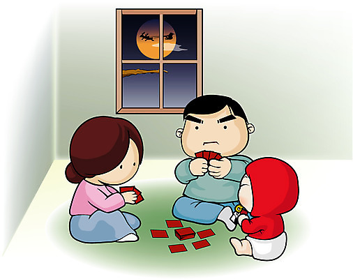 EPS 한국전통 여자 남자 겨울 일러스트 가족 엄마 새해 실내 사람 세명 산타클로스 달 달밤 아기 아빠 엄숙 화투 국내일러스트 자연요소 전통 계절 크리스마스 관계 한국 내부 게임 파일형식 벡터